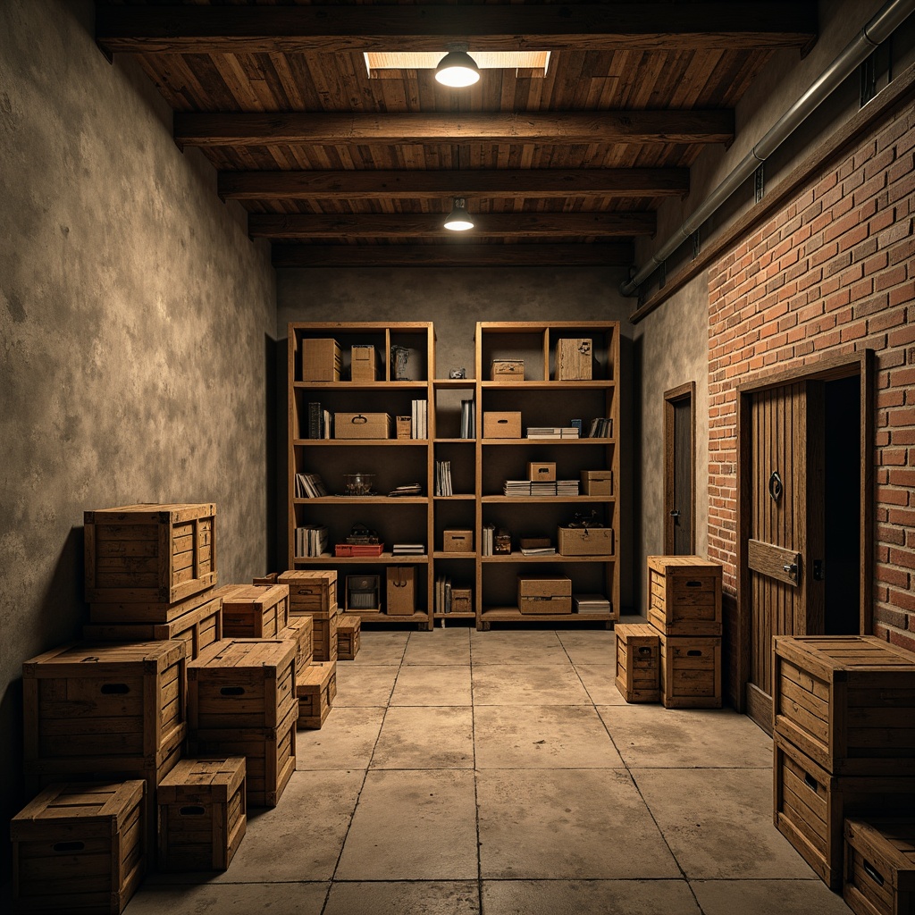 Prompt: Rustic storage room, textured concrete walls, earthy tones, rough-hewn wooden crates, vintage metal shelving, distressed finishes, warm soft lighting, shallow depth of field, 1/1 composition, realistic textures, ambient occlusion, aged brick accents, weathered stone floors, industrial-style metal doors, overhead ceiling lamps, cozy atmospheric ambiance.