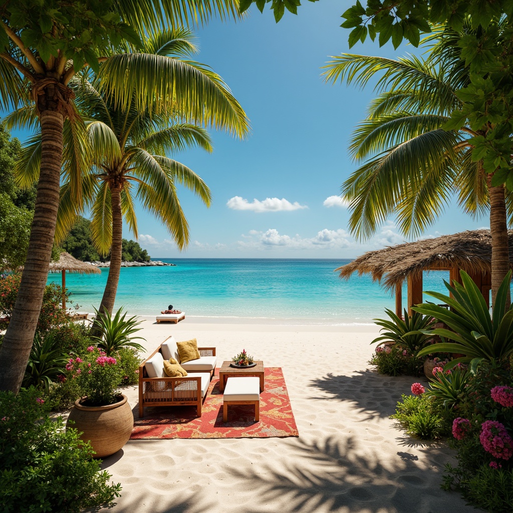 Prompt: Vibrant tropical landscape, lush green foliage, exotic flowers, warm sandy beaches, crystal-clear turquoise waters, rustic wooden accents, natural textiles, woven rattan furniture, colorful tiki torches, bright coral hues, sunny day, soft warm lighting, shallow depth of field, 3/4 composition, panoramic view, realistic textures, ambient occlusion.