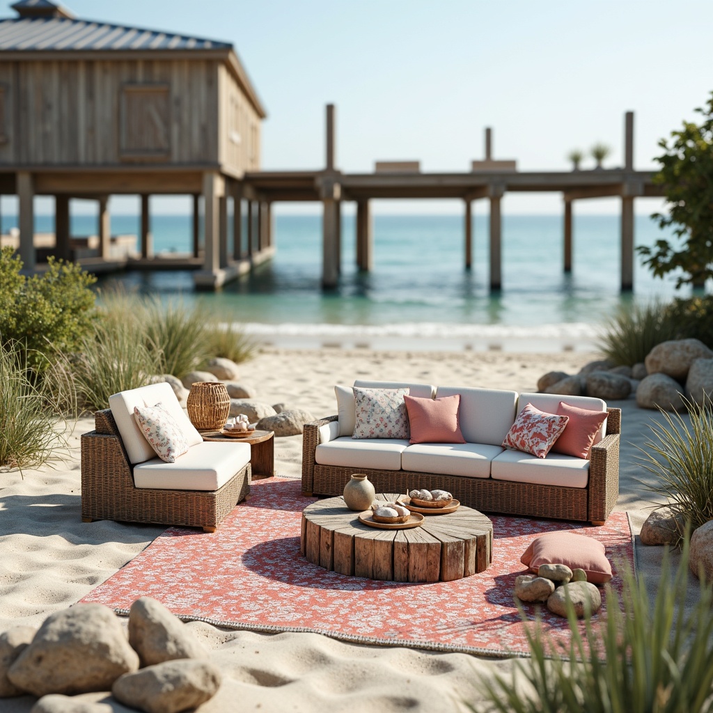 Prompt: Soft sandy beach, driftwood sculptures, weathered pier, ocean-inspired patterns, coral-colored fabrics, sea-salt infused textures, natural fibers, woven rattan furniture, reclaimed wood accents, nautical-themed decor, serene coastal atmosphere, warm sunny day, gentle sea breeze, shallow depth of field, 1/1 composition, realistic renderings, ambient occlusion.