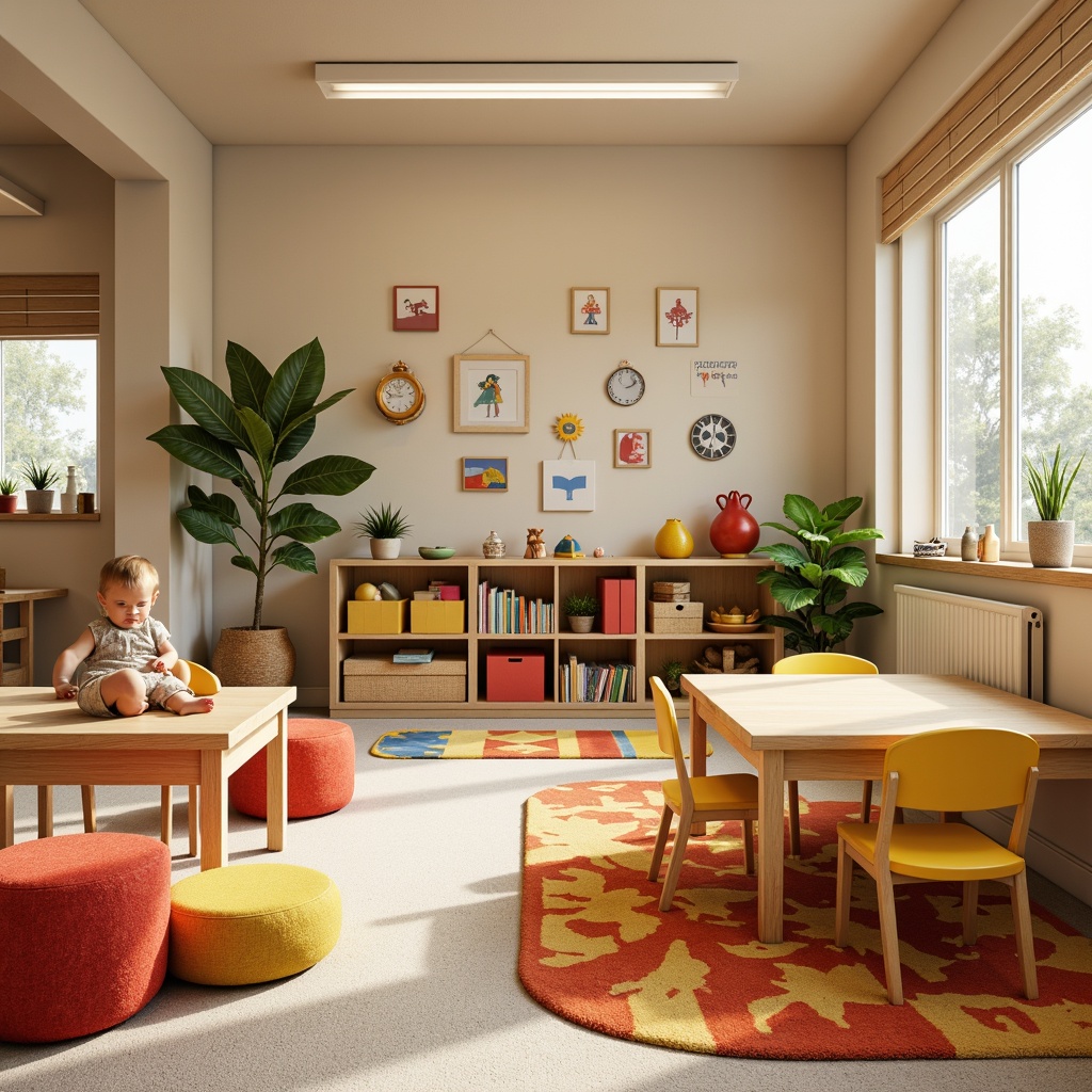 Prompt: Vibrant kindergarten interior, mid-century modern furniture design, wooden tables, colorful chairs, playful storage bins, educational wall decor, soft carpet flooring, natural light illumination, warm beige walls, minimalist shelving units, rounded corner shapes, ergonomic seating, child-friendly textures, whimsical patterned rugs, fun geometric-shaped pillows, lively greenery, circular activity zones, interactive play areas, gentle warm color scheme, shallow depth of field, 1/1 composition, softbox lighting.