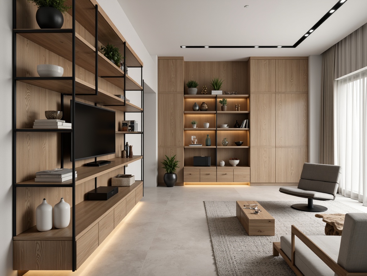 Prompt: Minimalist living room, neutral color palette, natural wood tones, sleek metal shelves, geometric shapes, industrial chic decor, modern minimalist furniture, monochromatic walls, floor-to-ceiling storage units, floating shelves, recessed lighting, soft warm glow, shallow depth of field, 3/4 composition, panoramic view, realistic textures, ambient occlusion.