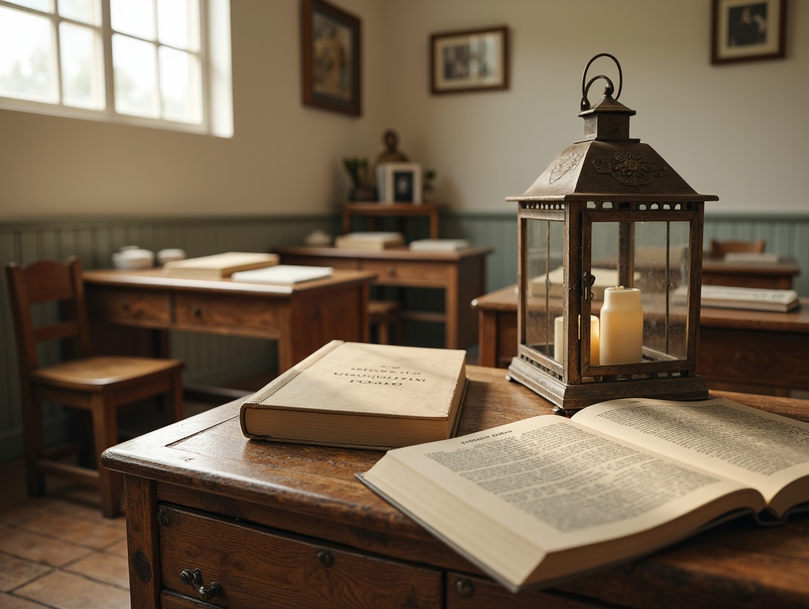 Prompt: Vintage educational setting, distressed wooden desks, worn leather-bound books, soft pastel colors, creamy whites, warm beige tones, rustic metal lanterns, delicate floral patterns, lace trim details, feminine script fonts, ornate picture frames, aged stone walls, natural light pouring in, gentle warm lighting, shallow depth of field, 1/1 composition, realistic textures, ambient occlusion.Please let me know if this meets your requirements!