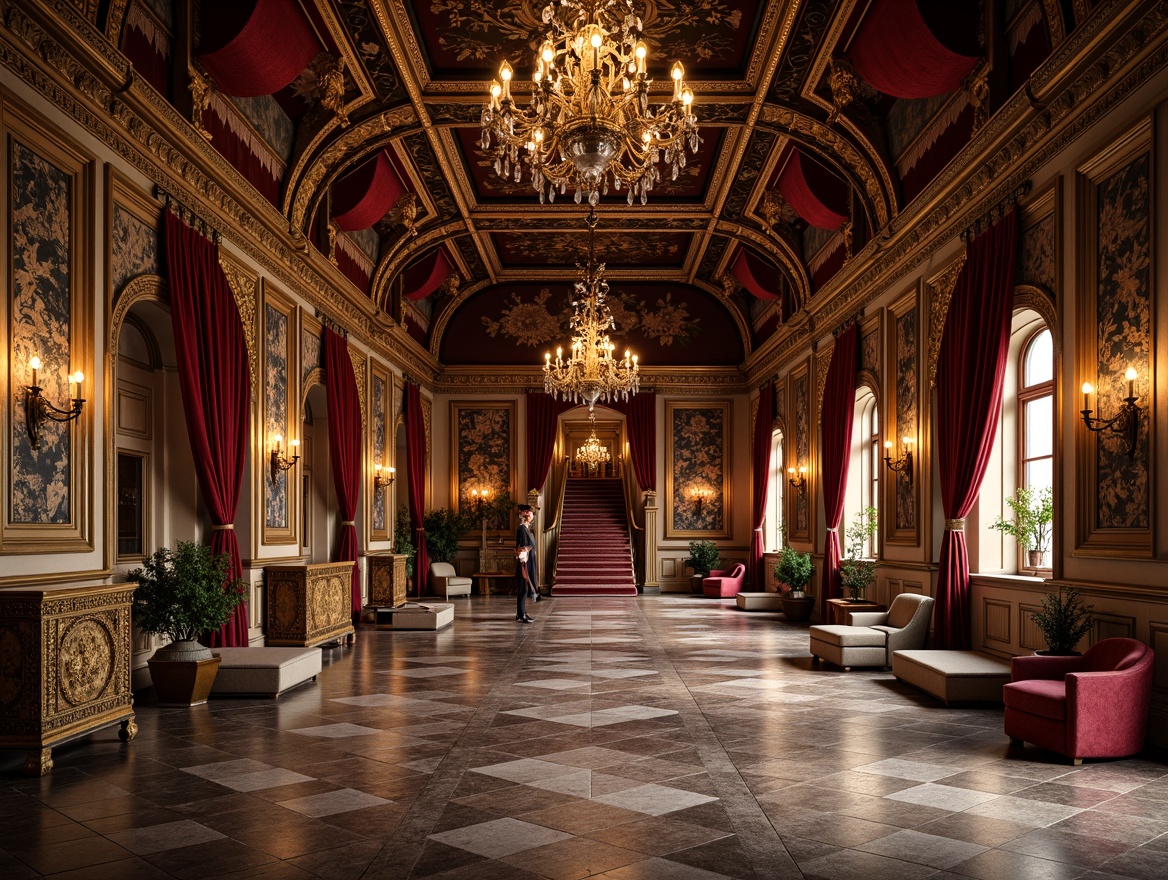 Prompt: Ornate palace interior, rich velvet fabrics, intricate golden patterns, marble floors, ornamental furnishings, gilded details, lavish drapery, crystal chandeliers, grand staircases, luxurious carpets, Renaissance-inspired architecture, dramatic lighting effects, warm candlelight, soft focus, 1/1 composition, low-angle shot, ambient shadows, realistic reflections.