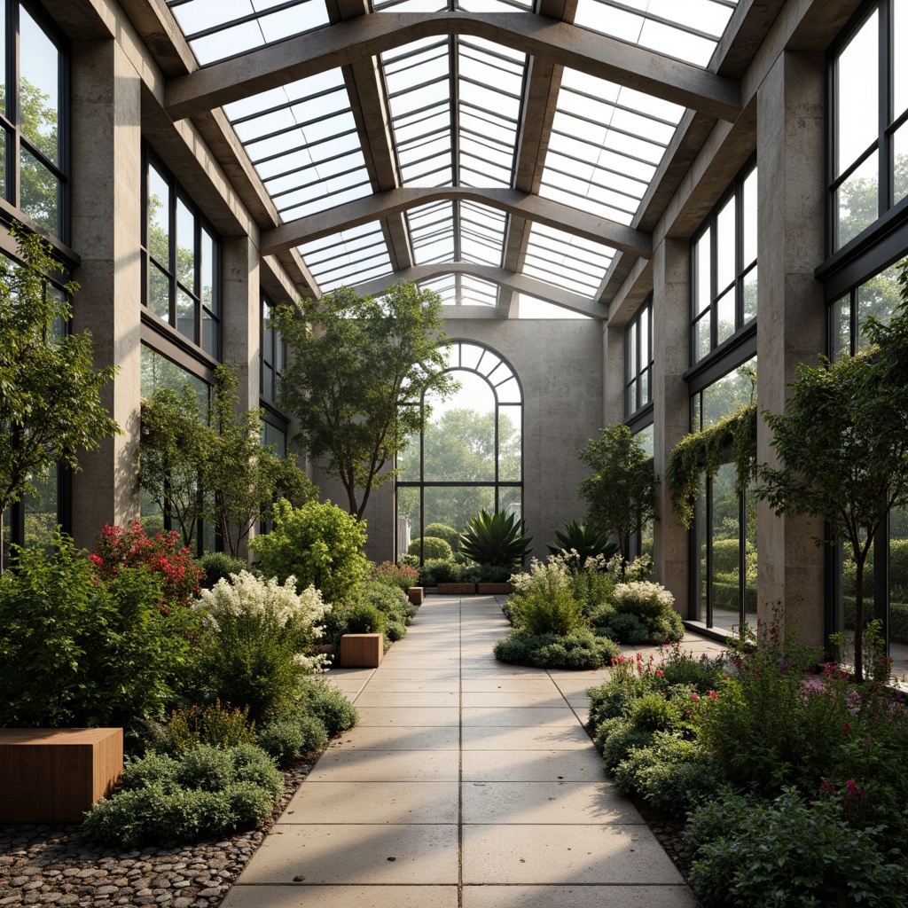 Prompt: Rugged brutalist greenhouse, exposed concrete walls, industrial metal frames, massive glass roofs, lush greenery, overflowing planters, natural stone floors, reclaimed wood accents, earthy tone color palette, soft diffused light, warm atmospheric glow, dramatic shadows, minimalist decor, functional simplicity, abundant foliage, vibrant blooming flowers, serene ambiance, organic textures, subtle rustic charm.