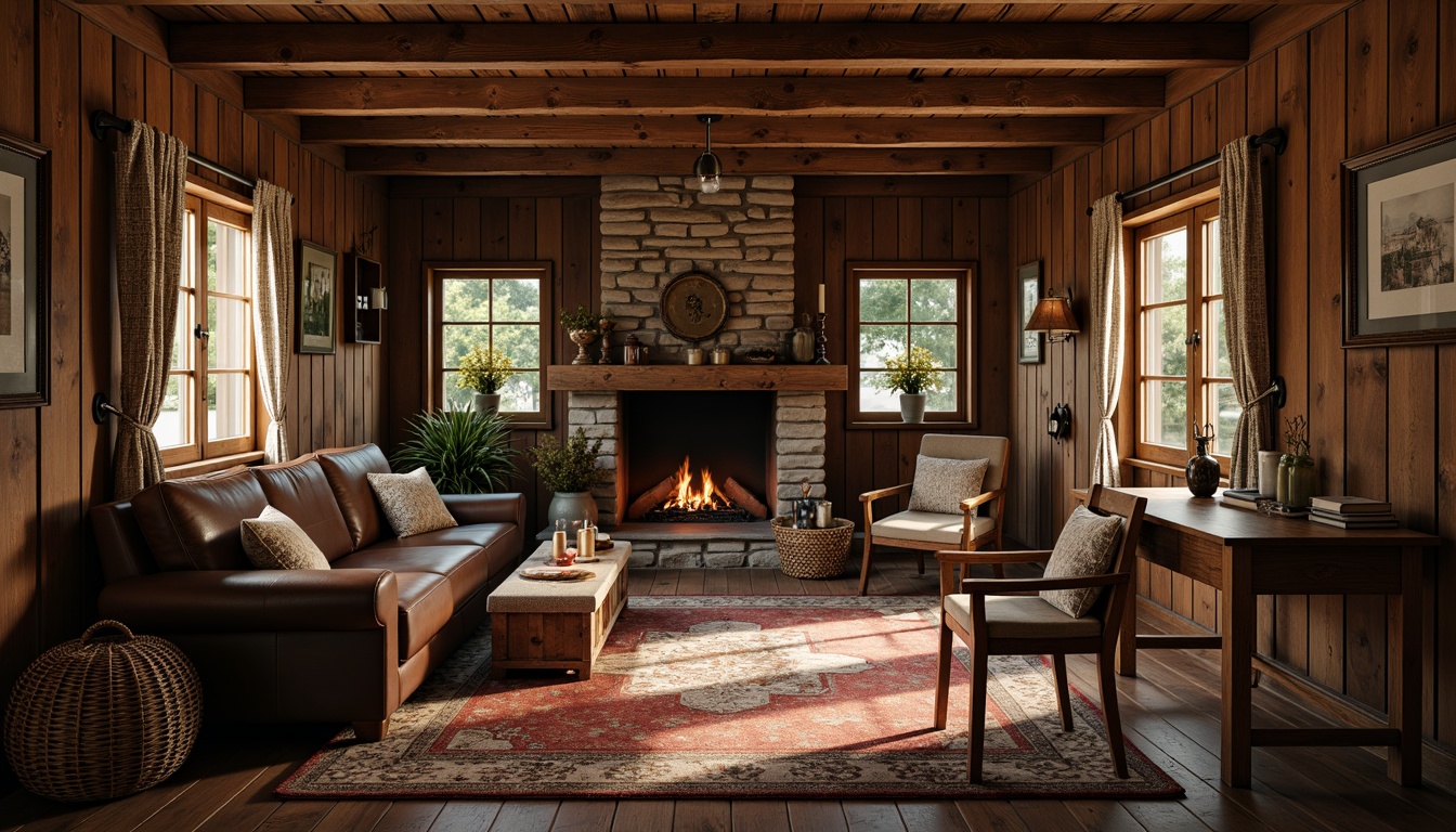 Prompt: Rustic cabin, earthy tones, natural materials, wooden beams, stone fireplace, cozy textiles, woven baskets, vintage decorations, distressed wood furniture, leather armchairs, warm candlelight, soft shadows, shallow depth of field, 1/1 composition, intimate atmosphere, realistic textures, ambient occlusion.