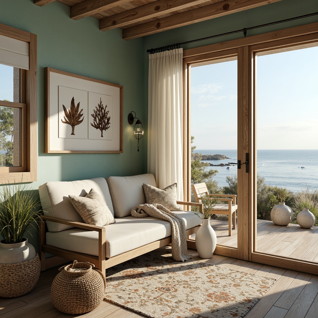 Prompt: Coastal cottage, weathered wooden accents, textured walls with beachy stucco finish, soft blue-green color palette, driftwood decorations, nautical rope details, ocean-inspired artwork, shell-adorned vases, natural linen fabrics, woven sea grass baskets, distressed wood flooring, large windows with white shutters, sliding glass doors, partial seashell-patterned rug, serene beachfront view, warm sunny day, soft golden lighting, shallow depth of field, 1/2 composition, realistic textures, ambient occlusion.