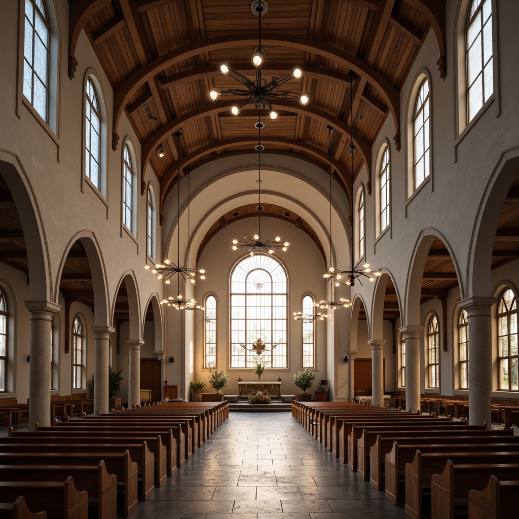 Prompt: Contemporary church interior, vaulted ceilings, stained glass windows, subtle warm lighting, soft glow, ambient illumination, LED light strips, minimalist chandeliers, sleek metal fixtures, natural stone flooring, wooden pews, elegant archways, ornate altarpieces, calm atmosphere, peaceful ambiance, morning sunlight, soft shadows, high contrast ratio, 1/2 composition, realistic textures, subtle color grading.