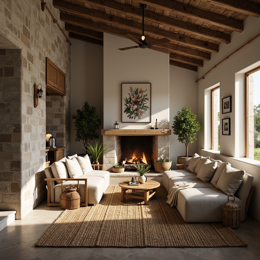 Prompt: Rustic farmhouse interior, reclaimed wood accents, natural stone walls, earthy color palette, woven jute rugs, vintage metal lanterns, distressed wooden beams, plush linen upholstery, organic cotton fabrics, botanical prints, woven baskets, potted greenery, warm candlelight, soft shadows, shallow depth of field, 1/1 composition, intimate atmosphere, realistic textures.