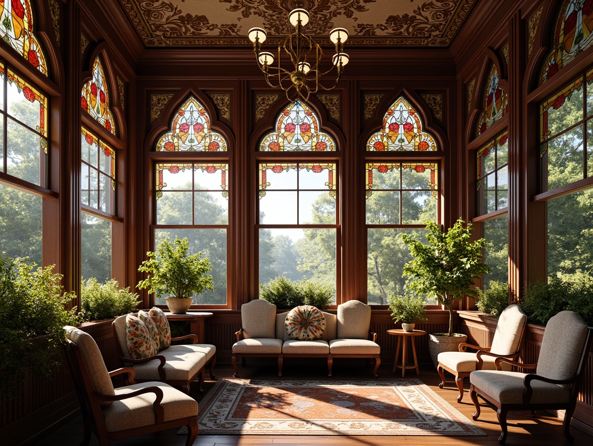 Prompt: Ornate Victorian sunroom, delicate filigree details, stained glass windows, colorful floral patterns, intricate wooden frames, arched shapes, ornamental tracery, lavish curtains, luxurious fabrics, warm natural light, soft shadows, 3/4 composition, shallow depth of field, realistic textures, ambient occlusion, elegant chandeliers, refined furniture pieces, plush cushions, sophisticated color palette.