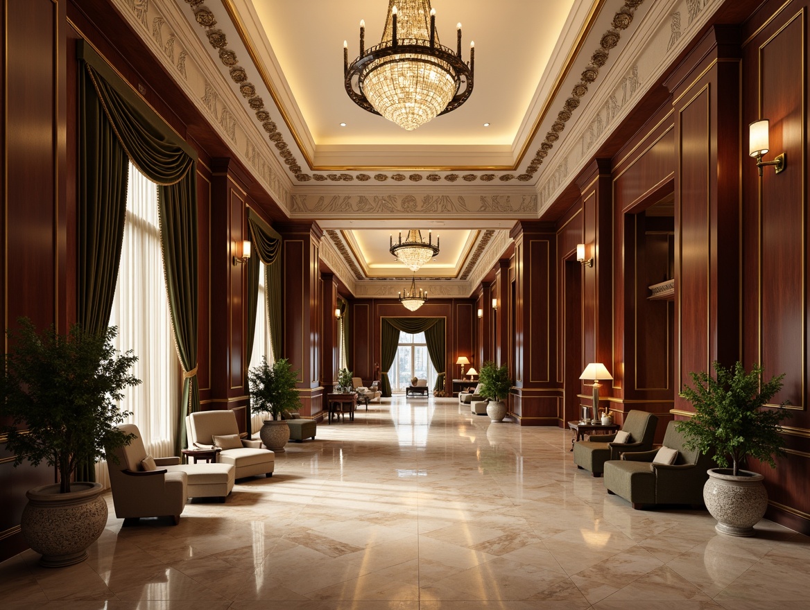 Prompt: Luxurious grand lobby, high ceilings, intricate moldings, ornate chandeliers, marble flooring, polished wooden panels, lavish furnishings, velvet drapes, golden accents, crystal decorations, refined textures, soft warm lighting, shallow depth of field, 1/1 composition, realistic reflections, ambient occlusion.