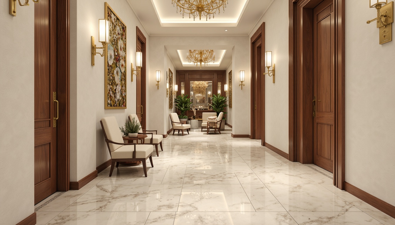 Prompt: Luxurious interior design, polished marble floors, creamy white walls, warm wood accents, velvet upholstery, metallic gold lighting fixtures, ornate mirrors, soft-close cabinetry, satin-finish hardware, ambient LED illumination, 3/4 composition, shallow depth of field, realistic textures, natural daylight, calm atmosphere.