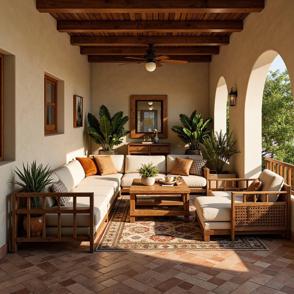 Prompt: Cozy Mediterranean living room, warm beige walls, rustic wooden floors, plush sectional sofas, soft velvet cushions, ornate wooden coffee tables, woven wicker armchairs, colorful Moroccan tiles, lush green potted plants, natural fiber rugs, distressed wood accents, earthy color palette, warm golden lighting, subtle texture overlays, 1/1 composition, intimate atmosphere, relaxed ambiance.