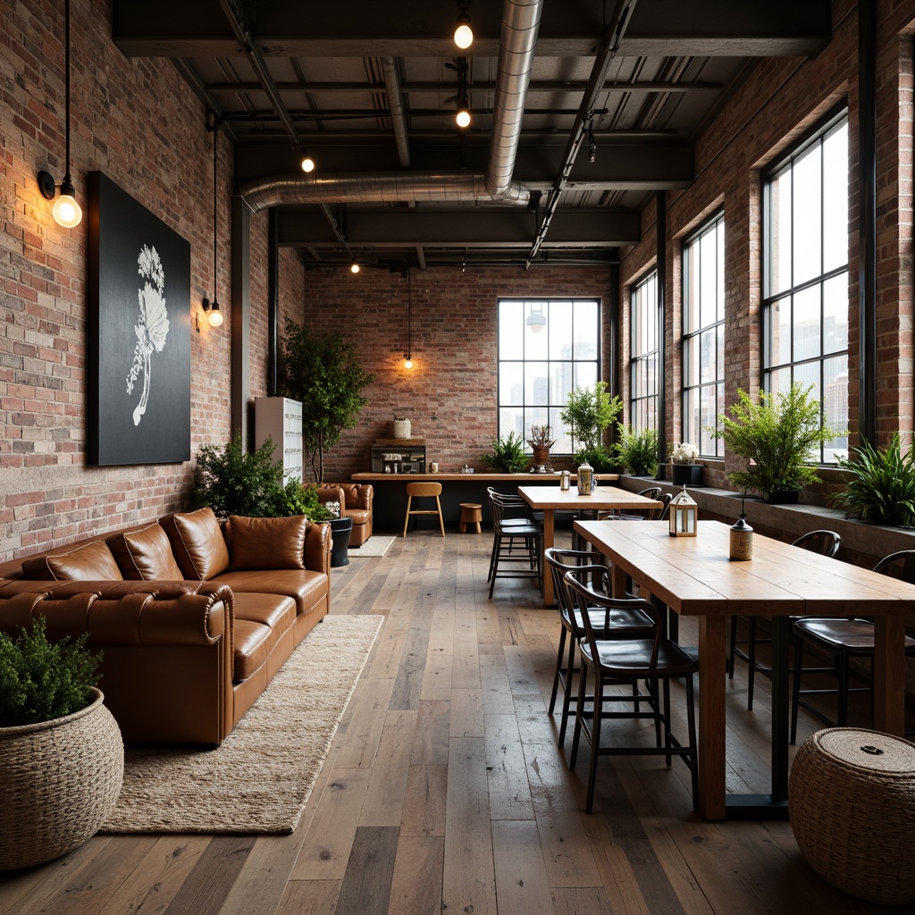 Prompt: Industrial-chic factory setting, exposed brick walls, metal beams, reclaimed wood floors, distressed leather sofas, vintage metal chairs, rustic wooden tables, Edison bulb lighting, metal lanterns, urban-loft ambiance, industrial-style decor, functional minimalism, neutral color palette, natural textiles, woven baskets, potted greenery, large windows, abundant natural light, soft warm glow, shallow depth of field, 3/4 composition, realistic textures, ambient occlusion.