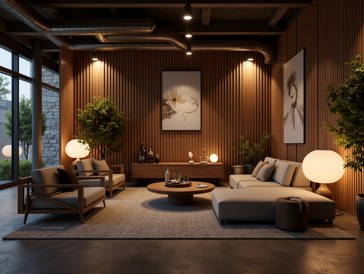 Prompt: Modern interior, sleek furniture, minimalist decor, warm ambient lighting, table lamps, floor lamps, pendant lights, chandeliers, LED strips, hidden light sources, soft glow, cozy atmosphere, natural materials, wood accents, stone walls, earthy tones, industrial chic, exposed ductwork, metal beams, urban loft style, dramatic shadows, high contrast ratio, 1/2 composition, warm color temperature, realistic textures, ambient occlusion.