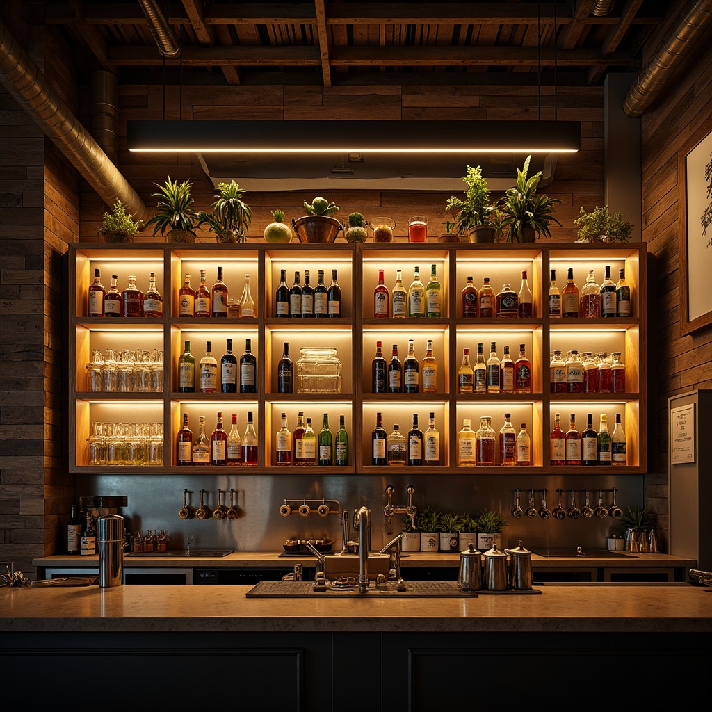 Prompt: Modern bar interior, wooden shelves, metallic frames, ambient backlighting, LED lights, glass storage containers, wine bottle displays, beer tap handles, cocktail shakers, spirits dispensers, industrial pipes, reclaimed wood accents, urban loft atmosphere, dim warm lighting, shallow depth of field, 2/3 composition, realistic textures, atmospheric mist.