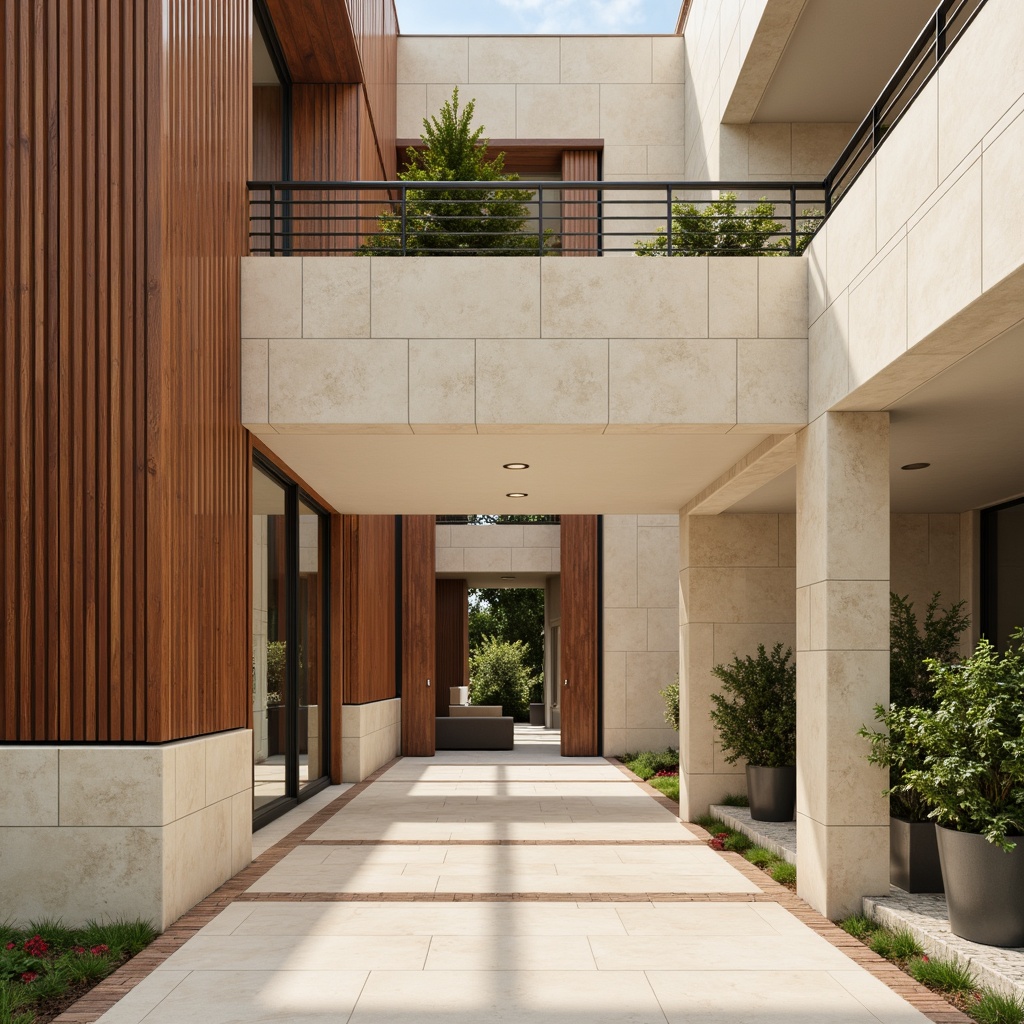 Prompt: Warm beige stone fa\u00e7ade, rich walnut wood accents, earthy terracotta tones, muted sage greenery, creamy white marble columns, geometric patterned flooring, minimalist metal railings, large glass windows, clerestory lighting, soft warm atmosphere, natural textures, subtle color blocking, 2/3 composition, architectural photography style, filmic grain effect.