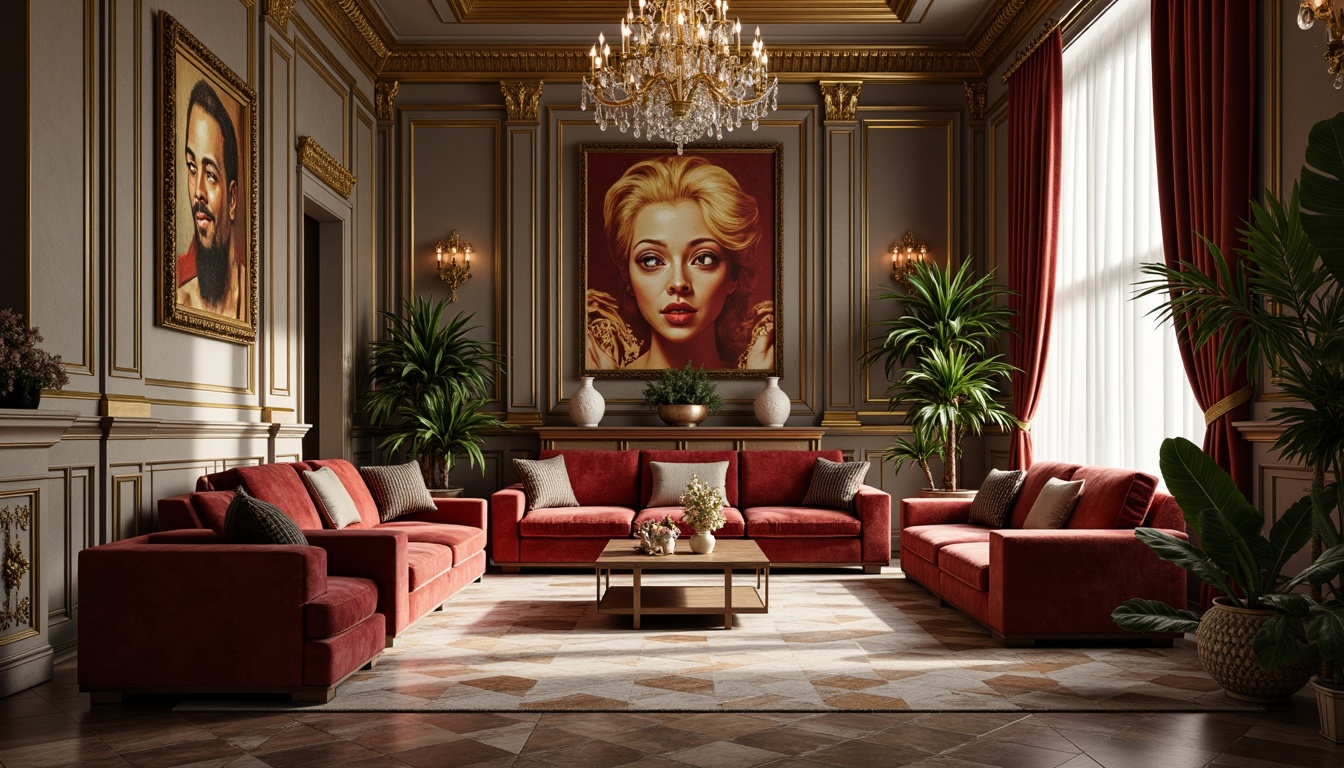 Prompt: Luxurious interior space, opulent furnishings, rich velvet fabrics, ornate gold accents, crystal chandeliers, marble floors, intricate moldings, lavish drapery, statement wall art, elegant vases, exotic plants, soft warm lighting, shallow depth of field, 1/2 composition, realistic textures, ambient occlusion.