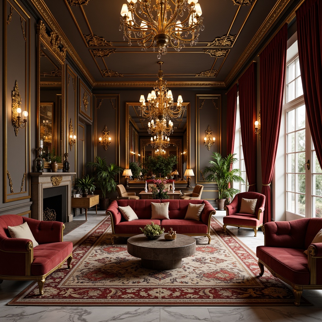 Prompt: Ornate interior space, luxurious furnishings, rich velvet fabrics, gilded frames, sparkling chandeliers, elegant marble floors, intricate patterned rugs, lavish curtains, statement walls, ornamental mirrors, metallic accents, soft warm lighting, shallow depth of field, 1/1 composition, realistic textures, ambient occlusion.