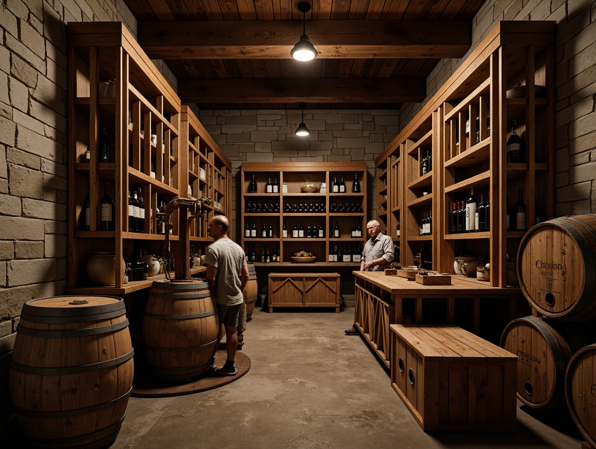 Prompt: Rustic wooden racking system, craftsman-style wine cellars, dimly lit ambiance, stone walls, earthy tones, rich wood accents, ornate metalwork, vintage wine barrels, wooden crates, soft warm lighting, shallow depth of field, 1/1 composition, realistic textures, ambient occlusion.