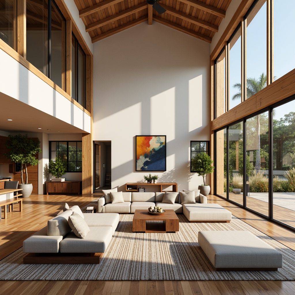 Prompt: Open-plan living area, mid-century modern aesthetic, minimalist decor, natural wood accents, geometric patterns, organic shapes, spacious floor-to-ceiling windows, sliding glass doors, abundant natural light, comfortable seating areas, plush sectional sofas, low-profile coffee tables, potted plants, abstract artwork, neutral color palette, earthy tones, soft warm lighting, 1/1 composition, realistic textures, ambient occlusion.