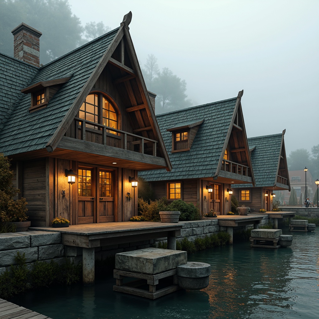 Prompt: Waterfront location, wooden dock, rustic boathouse, pointed arches, ribbed vaults, flying buttresses, stone foundation, wooden piers, nautical details, rope decorations, lanterns, weathered wood texture, moss-covered roofs, steeply pitched gables, narrow windows, ornate doorways, mystical ambiance, foggy atmosphere, warm golden lighting, shallow depth of field, 1/2 composition, symmetrical framing, realistic water reflections.