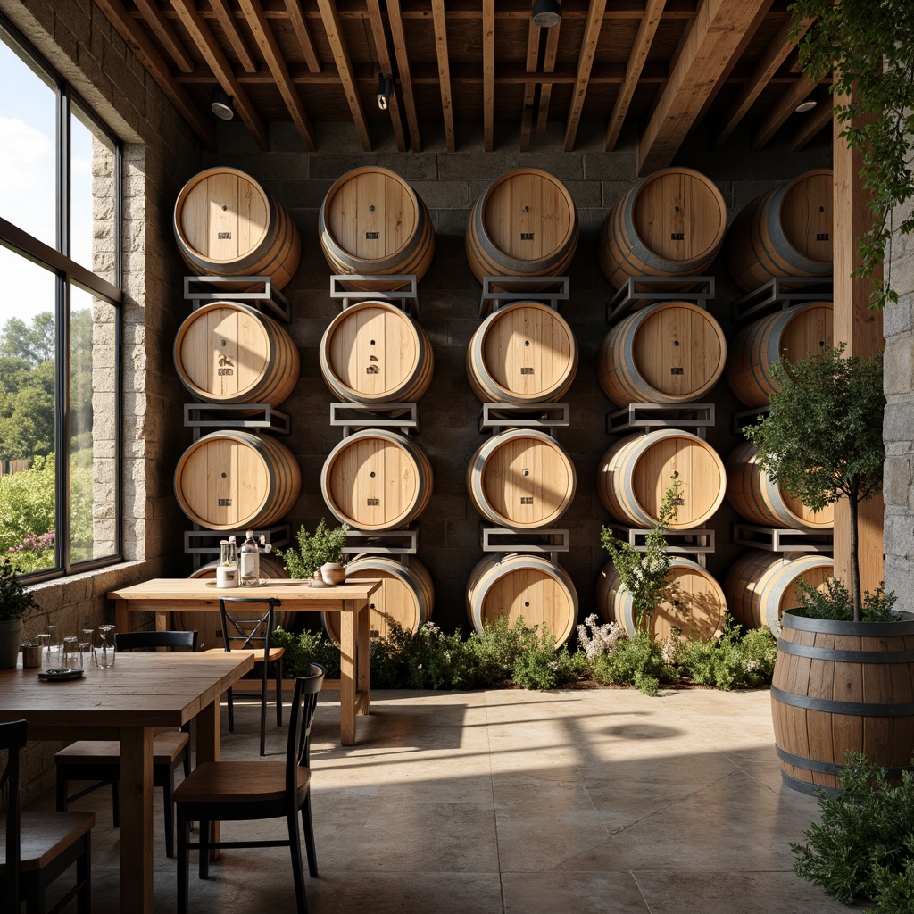 Prompt: Rustic wooden barrels, vineyard scenery, natural stone walls, modern metal accents, reclaimed wood tables, industrial chic chairs, wine glass displays, vintage wine-making equipment, earthy tone color palette, warm soft lighting, shallow depth of field, 3/4 composition, panoramic view, realistic textures, ambient occlusion.