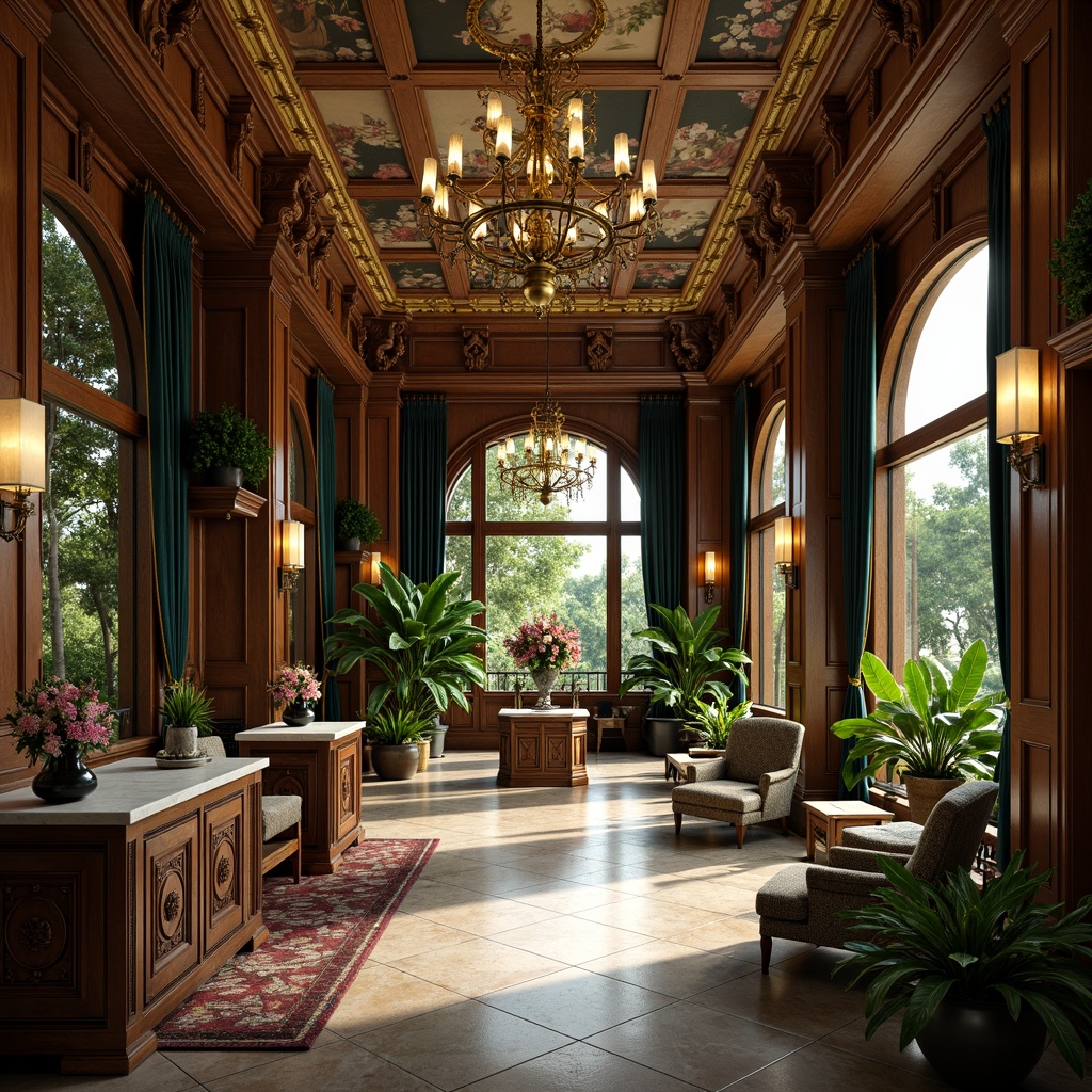 Prompt: Intricate wooden carvings, lush green foliage, ornate metalwork, grand chandeliers, velvet drapes, luxurious furnishings, gilded accents, frescoed ceilings, marble countertops, ornamental fountains, tropical plants, exotic flowers, soft warm lighting, shallow depth of field, 1/2 composition, intimate atmosphere, realistic textures, ambient occlusion.