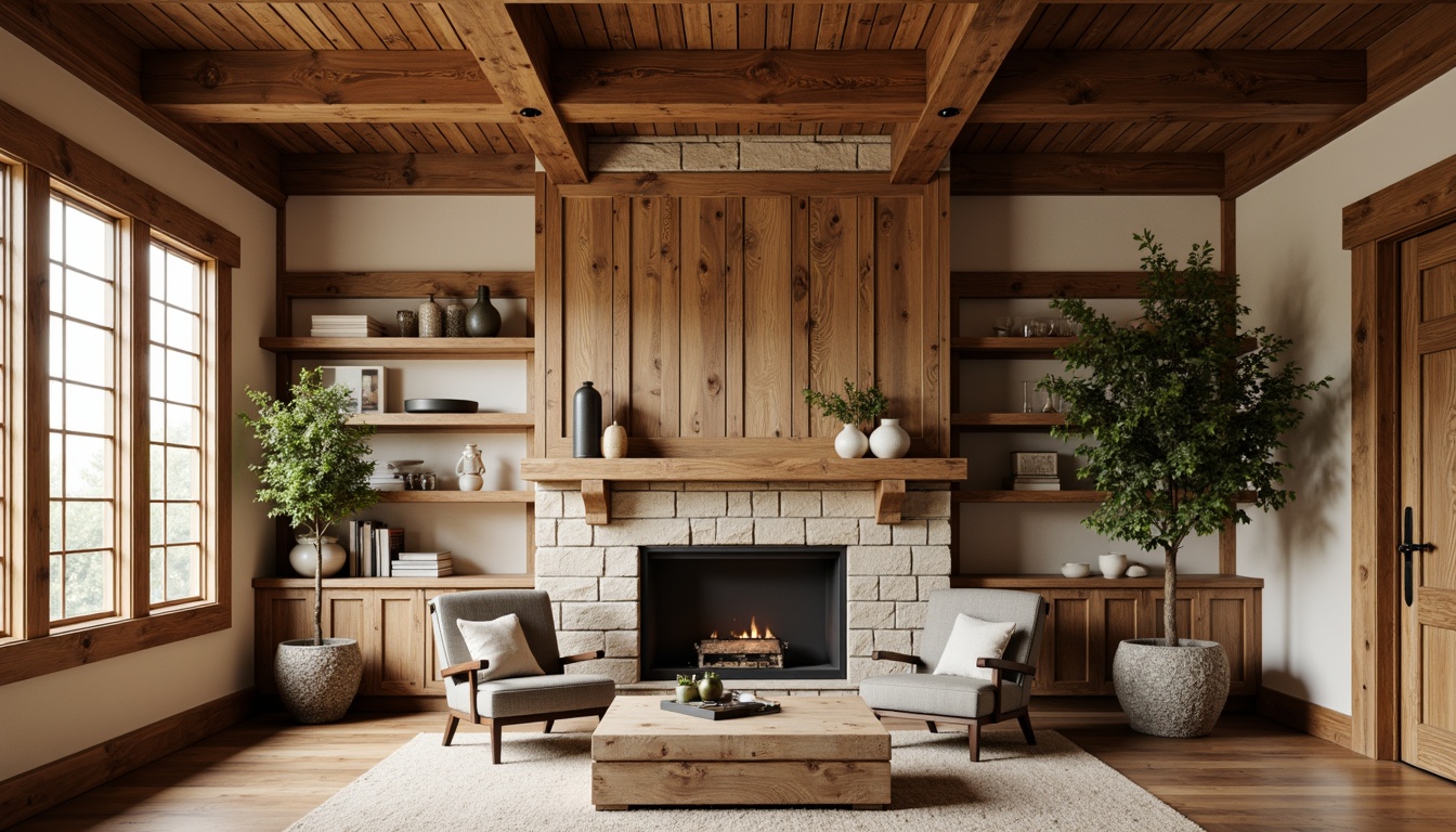 Prompt: Rustic wooden accent wall, reclaimed wood planks, earthy color palette, natural stone wainscoting, traditional Craftsman trim, decorative wooden brackets, warm beige stucco, distressed finishes, vintage hardware, rich wood tones, coffered ceiling, large windows, soft warm lighting, shallow depth of field, 3/4 composition, realistic textures, ambient occlusion.