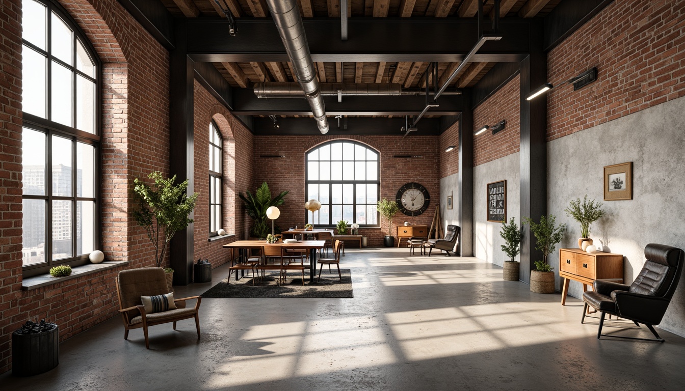 Prompt: Exposed brick walls, metal beams, industrial pipes, concrete floors, reclaimed wood accents, modern factory windows, minimalist decor, functional lighting fixtures, urban loft atmosphere, distressed textures, weathered metals, earthy color palette, natural light pouring in, shallow depth of field, 2/3 composition, realistic materials, ambient occlusion.