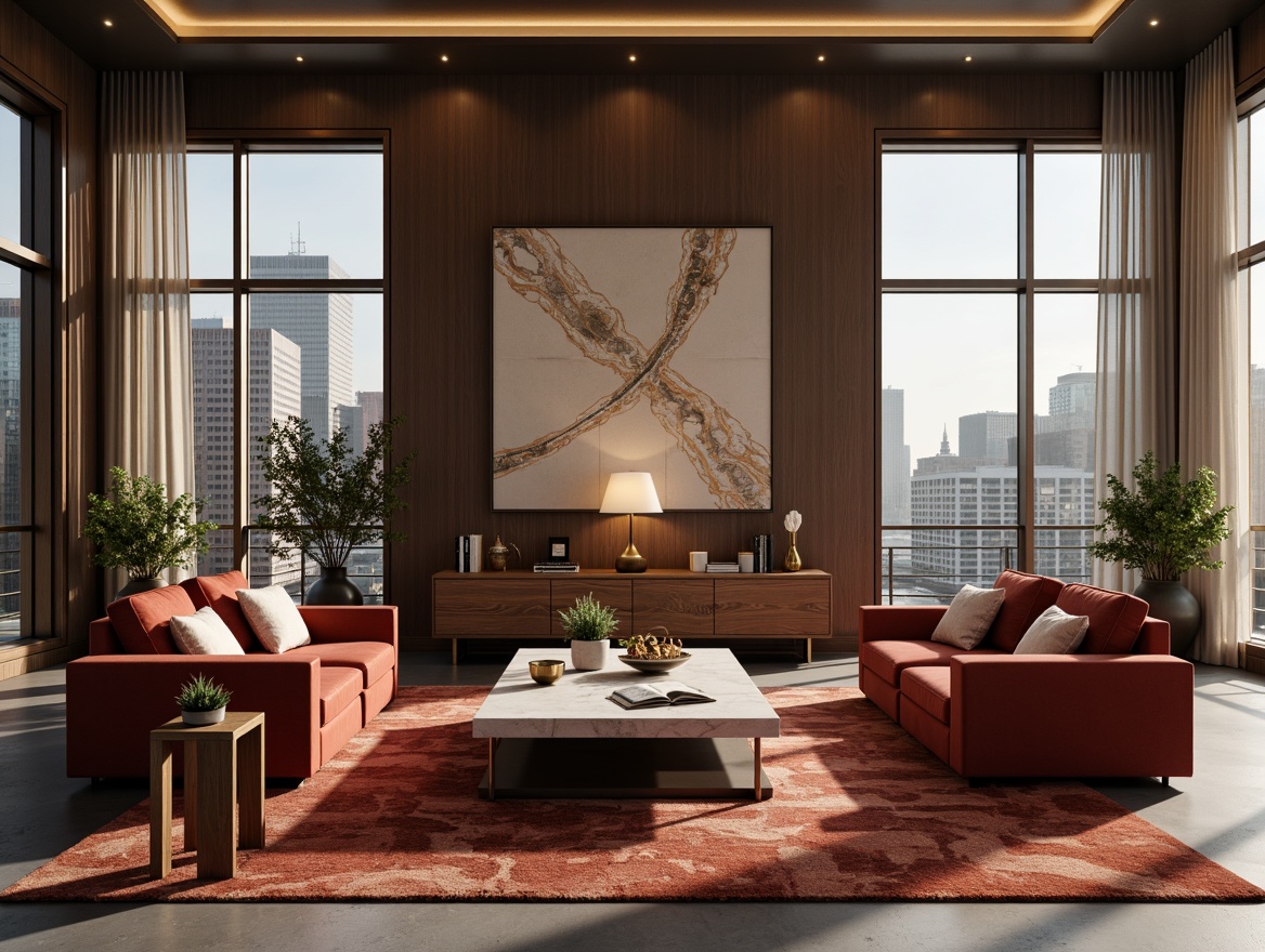 Prompt: Luxurious living room, velvet sofas, marble coffee tables, golden lighting fixtures, plush area rugs, modern abstract artwork, sleek metal accents, rich wood tones, minimalist decor, floor-to-ceiling windows, city skyline views, soft warm ambiance, 1/1 composition, shallow depth of field, realistic textures.