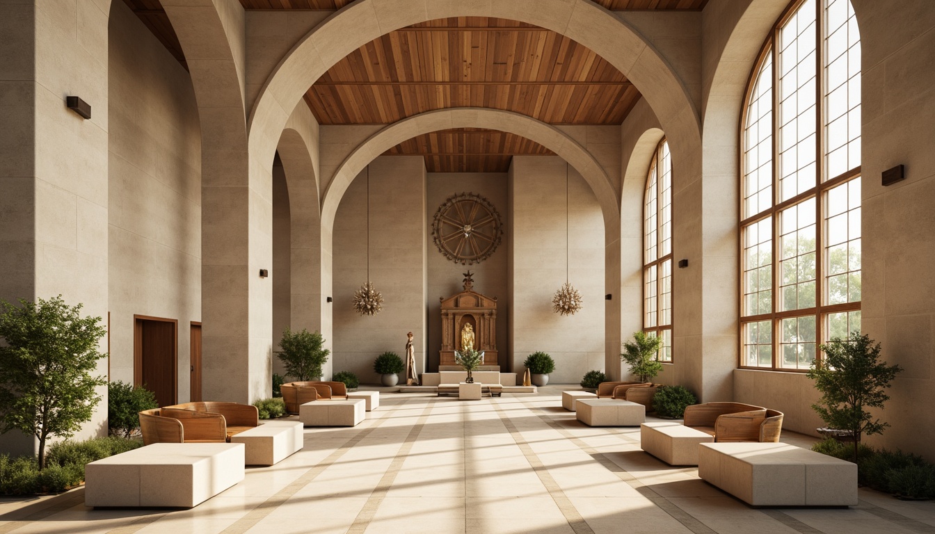 Prompt: Minimalist church interior, sleek lines, curved arches, polished marble floors, stained glass windows, geometric patterns, subtle lighting, warm beige tones, elegant pews, modern altarpiece, abstract sculptures, ornate chandeliers, textured stone walls, dramatic ceiling heights, airy open spaces, natural light pouring in, soft shadows, 1/1 composition, low-angle shot, cinematic mood, realistic rendering.