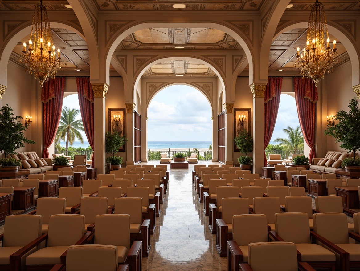 Prompt: Mediterranean-style auditorium, curved rows of seats, warm beige upholstery, ornate wooden armrests, polished marble floors, grand chandeliers, high ceilings, large windows, soft natural light, ambient warm tones, comfortable cushions, elegant aisle decorations, classic red velvet curtains, golden accents, intricate mosaics, ornamental columns, scenic views of the ocean, sunny day, shallow depth of field, 1/1 composition, realistic textures, subtle lighting effects.