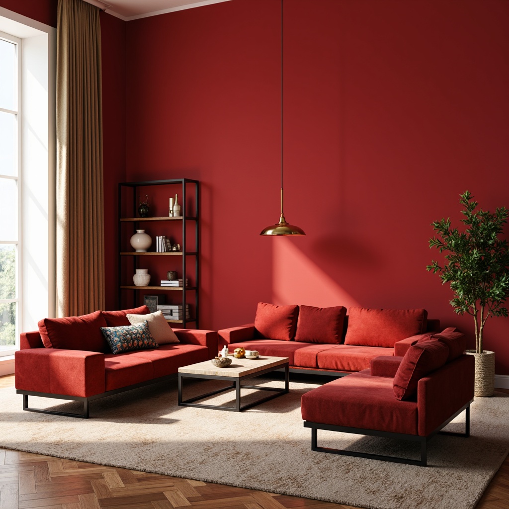 Prompt: Vibrant living room, bold red accent walls, modern minimalist furniture, sleek metal frames, plush velvet sofas, golden pendant lamps, rich wood flooring, natural stone coffee tables, geometric patterned rugs, warm beige curtains, soft diffused lighting, 1/1 composition, realistic textures, ambient occlusion.