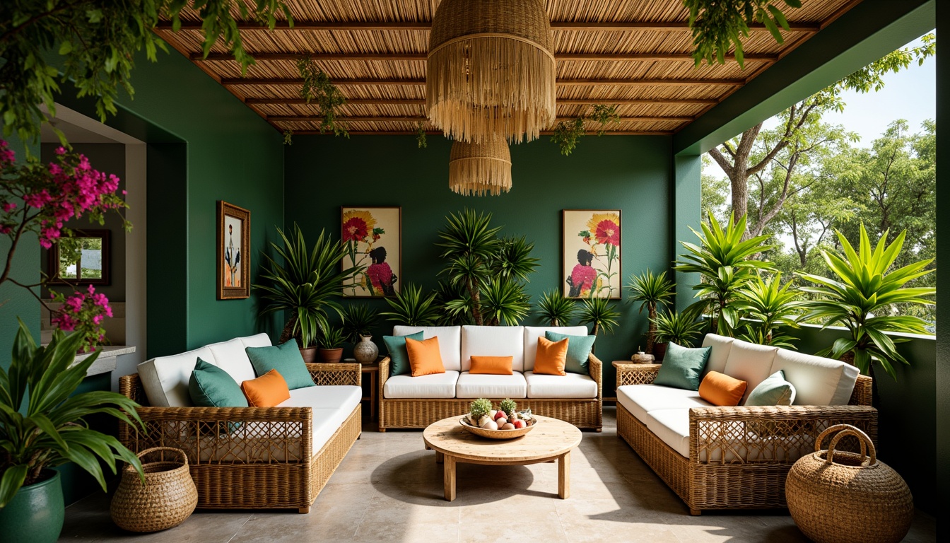 Prompt: Vibrant tropical plants, exotic flowers, woven rattan furniture, plush cushions, natural textiles, wooden accents, bamboo decorations, colorful tiki torches, lush green walls, palm tree silhouettes, warm sunny lighting, shallow depth of field, 1/2 composition, cozy intimate atmosphere, relaxed seating arrangements, eclectic decorative accessories, woven baskets, shells, driftwood, natural stone floors, earthy color palette, organic shapes, airy open spaces.