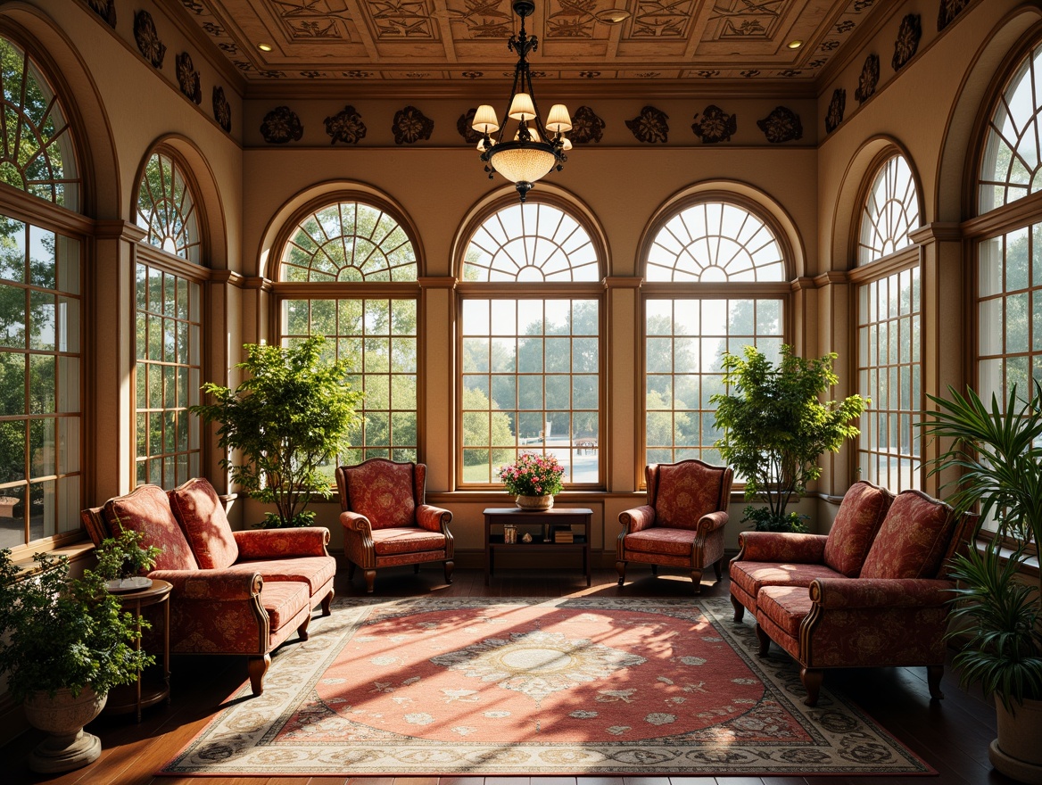 Prompt: Ornate Victorian sunroom, lavish furnishings, intricately patterned rugs, plush velvet armchairs, wooden paneling, stained glass windows, grand chandeliers, natural light pouring in, warm beige tones, soft diffused illumination, 1/1 composition, shallow depth of field, realistic wood textures, ambient occlusion.