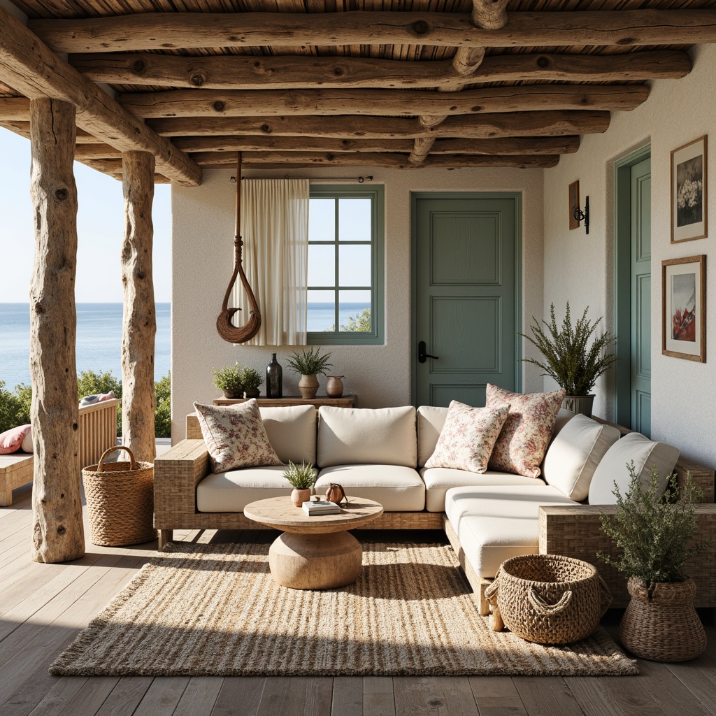 Prompt: Weathered driftwood accents, natural fiber rugs, ocean-inspired color palette, sea-salt textures, distressed wooden furniture, coral-patterned fabrics, nautical rope details, beachy vibe, soft warm lighting, shallow depth of field, 1/2 composition, cozy nook setup, rustic decorative elements, vintage nautical instruments, woven sea grass baskets, serene atmosphere, calm ambiance, gentle ocean breeze.