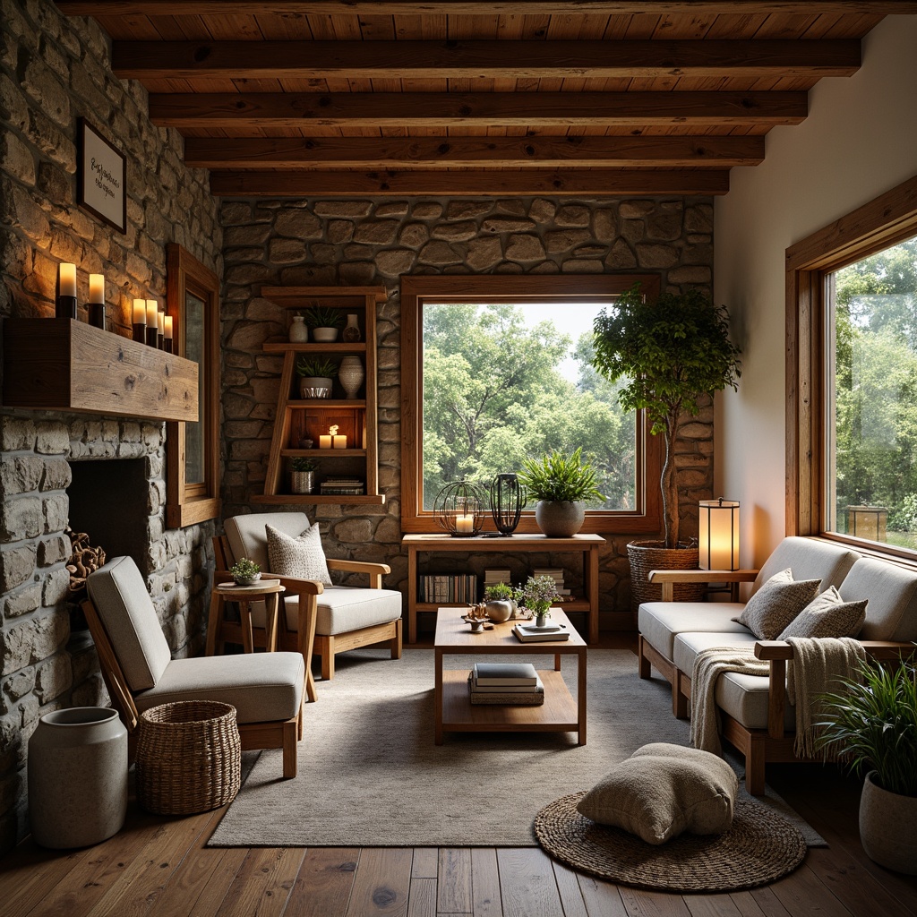 Prompt: Cozy cabin, earthy tones, natural textures, reclaimed wood accents, stone walls, wooden beams, rustic furniture, woven baskets, vintage decorative items, warm candlelight, soft blankets, comfortable seating areas, nature-inspired color palette, muted greenery, rough-hewn wooden floors, distressed metal fixtures, organic shapes, eclectic decor, warm inviting atmosphere, softbox lighting, shallow depth of field, 1/2 composition, intimate setting.