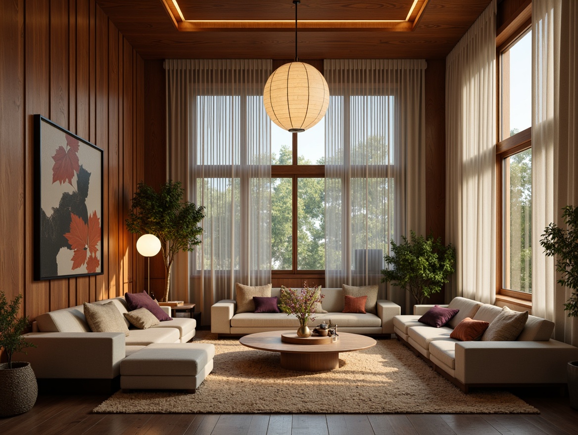 Prompt: Mid-century modern interior, sleek lines, organic shapes, warm ambient lighting, pendant lamps, sputnik chandeliers, globe pendants, drum shades, linen textures, brass accents, walnut wood tones, minimal ornamentation, functional design, 1960s retro vibe, cozy reading nooks, floor-to-ceiling windows, sheer curtains, natural fiber rugs, soft diffused light, 2/3 composition, shallow depth of field, realistic materials, subtle color palette.