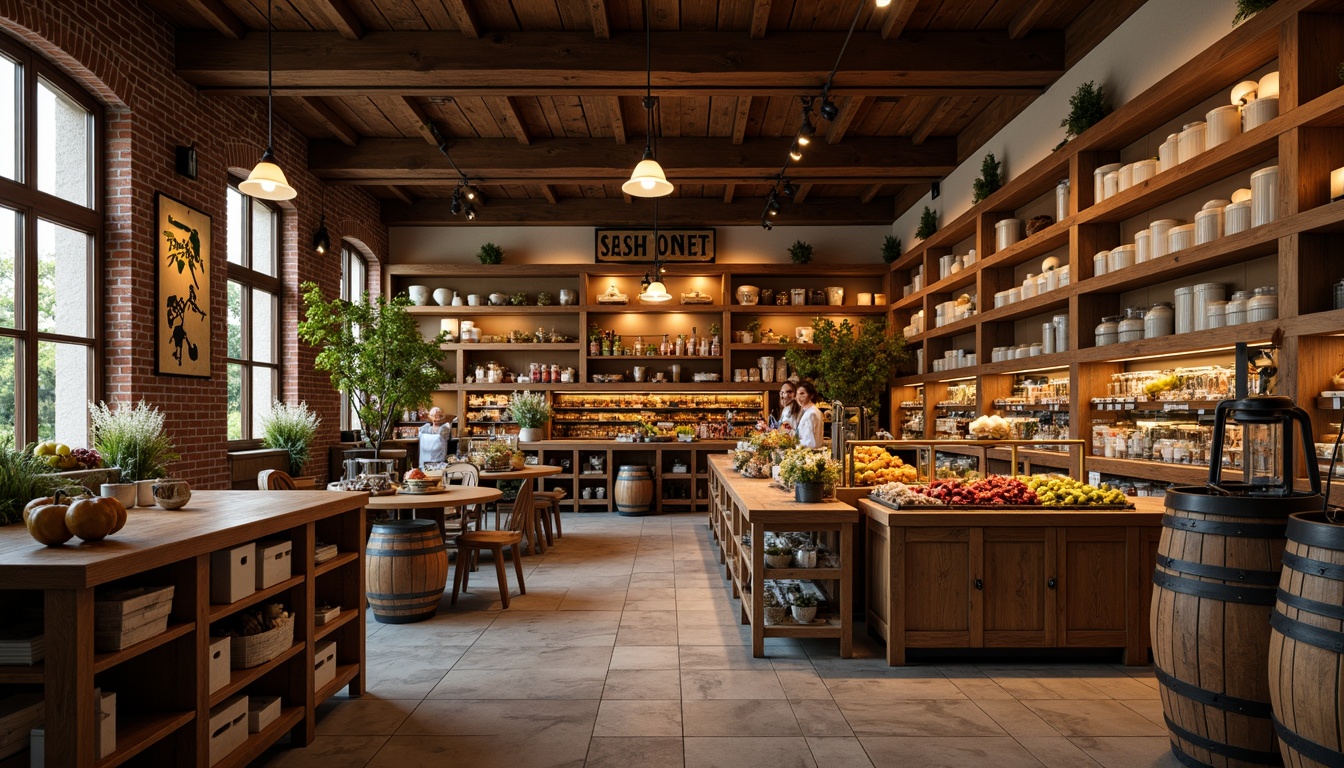 Prompt: Rustic grocery store interior, warm wooden accents, vintage metal lanterns, soft warm lighting, candlelit shelves, distressed brick walls, reclaimed wood crates, earthy color palette, natural stone flooring, exposed wooden beams, rustic metal signs, pendant lamps, cozy corner nooks, wooden barrels, woven baskets, farmhouse-style decor, autumnal color scheme, softbox lighting, 1/1 composition, intimate atmosphere.