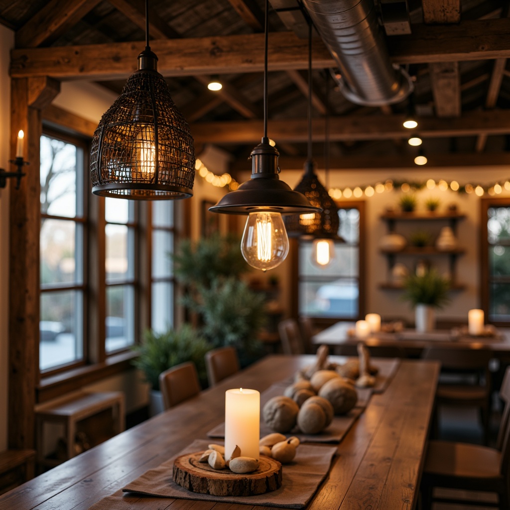 Prompt: Rustic farmhouse, eclectic decor, warm candlelight, pendant lanterns, metal chandeliers, distressed wood beams, vintage industrial lighting, Edison bulbs, natural linen shades, woven rattan fixtures, reclaimed wood accents, earthy color palette, soft warm glow, cozy ambiance, layered lighting, 1/1 composition, shallow depth of field, realistic textures, ambient occlusion.