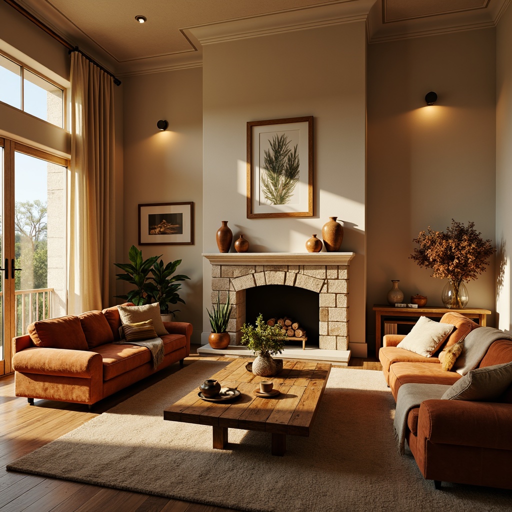 Prompt: Cozy living room, warm beige walls, rich walnut wood flooring, plush velvet sofas, golden accent lighting, soft cream curtains, natural stone fireplace, earthy terracotta vases, vibrant greenery, rustic wooden coffee table, comfortable throw blankets, inviting atmosphere, warm golden hour lighting, shallow depth of field, 1/1 composition, realistic textures, ambient occlusion.