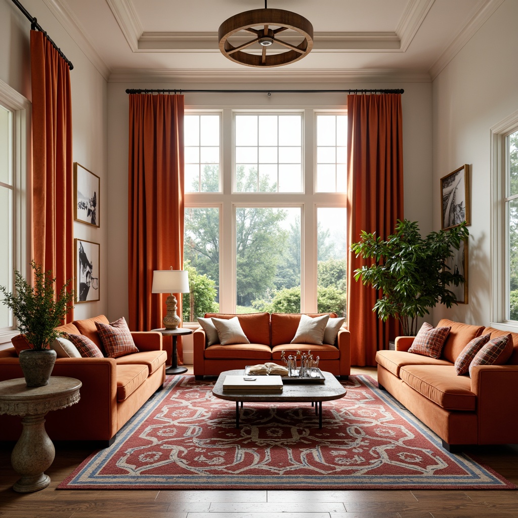 Prompt: \Vibrant living room, bold color scheme, rich wood accents, plush velvet sofas, geometric patterned rugs, statement lighting fixtures, creamy white walls, warm golden tones, soft pastel hues, natural stone coffee tables, metallic side tables, lush greenery, floor-to-ceiling windows, dramatic drapery, cozy reading nooks, 1/1 composition, high contrast ratio, cinematic lighting, realistic textures, ambient occlusion.\