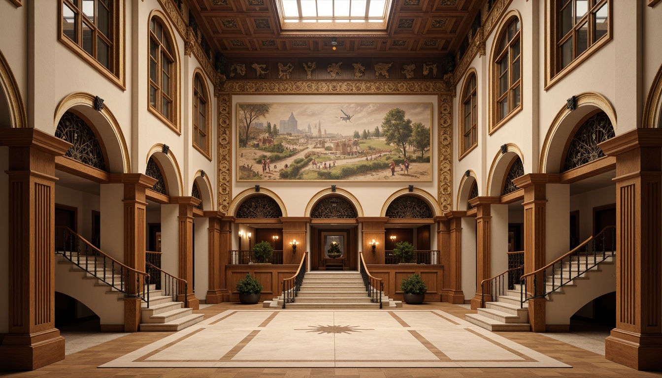 Prompt: Elegant gymnasium interior, neoclassical wall treatments, ornate moldings, polished marble surfaces, grand archways, stately columns, intricate frescoes, rich wood paneling, ornamental plasterwork, subtle warm lighting, high ceilings, imposing entranceways, majestic staircases, classical pediments, subtle color palette, 1/1 composition, shallow depth of field, realistic textures, ambient occlusion.