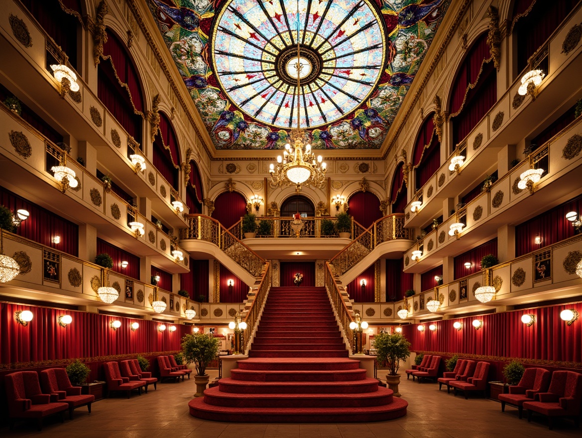 Prompt: Vibrant opera house, grand staircase, intricate stained glass ceiling, colorful mosaic patterns, ornate chandeliers, lavish furnishings, red velvet curtains, golden accents, Baroque architecture, sweeping arches, ornate balconies, dramatic spotlights, warm soft lighting, shallow depth of field, 1/1 composition, symmetrical framing, realistic textures, ambient occlusion.