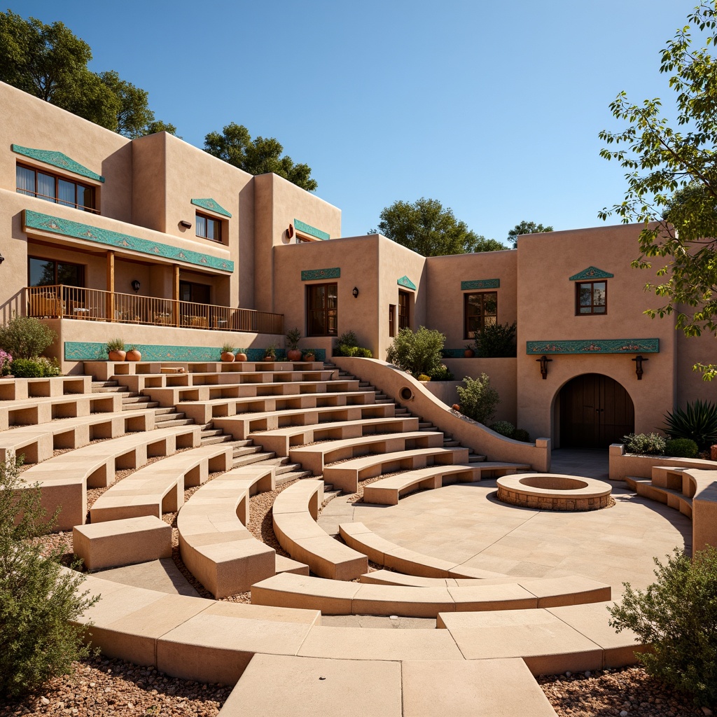 Prompt: Southwestern amphitheater, adobe-style architecture, curved seating areas, vibrant turquoise accents, intricate Native American patterns, rustic wooden benches, natural stone walls, desert flora, cacti plants, warm sandy tones, clear blue sky, sunny day, soft warm lighting, shallow depth of field, 3/4 composition, panoramic view, realistic textures, ambient occlusion, decorative pottery, colorful woven textiles, geometric tile work, ornate metal railings.