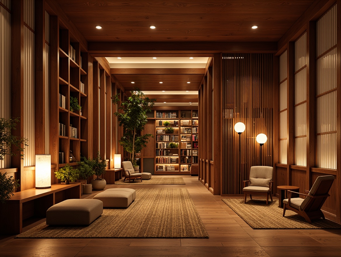 Prompt: Serenely lit Asian-style library, warm wooden accents, traditional Japanese shoji screens, floor-to-ceiling bookshelves, natural fiber rugs, paper lanterns, softbox lighting, warm LED strips, subtle ambient glow, cozy reading nooks, plush ottomans, intricately carved wooden panels, bamboo-inspired textures, minimalist decor, calm atmosphere, soft focus, shallow depth of field, 1/2 composition, warm color temperature, gentle highlights.