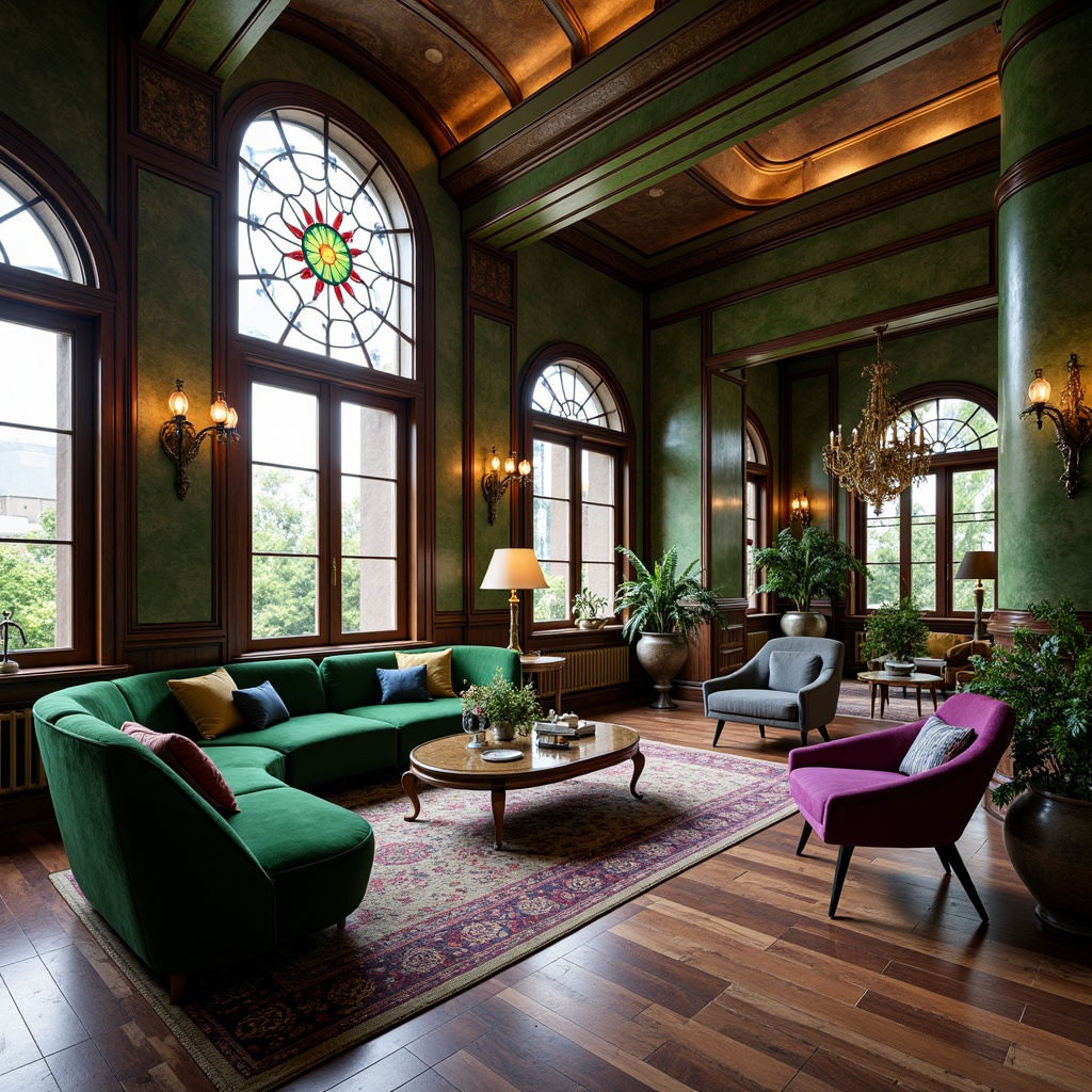 Prompt: Elegant Art Nouveau interior, ornate furnishings, sinuous lines, flowing curves, organic shapes, luxurious fabrics, rich jewel tones, emerald green, sapphire blue, amethyst purple, gold accents, bronze details, intricate patterns, natural materials, marble surfaces, wooden paneling, stained glass windows, soft warm lighting, dramatic shadows, 3/4 composition, close-up shots, realistic textures.