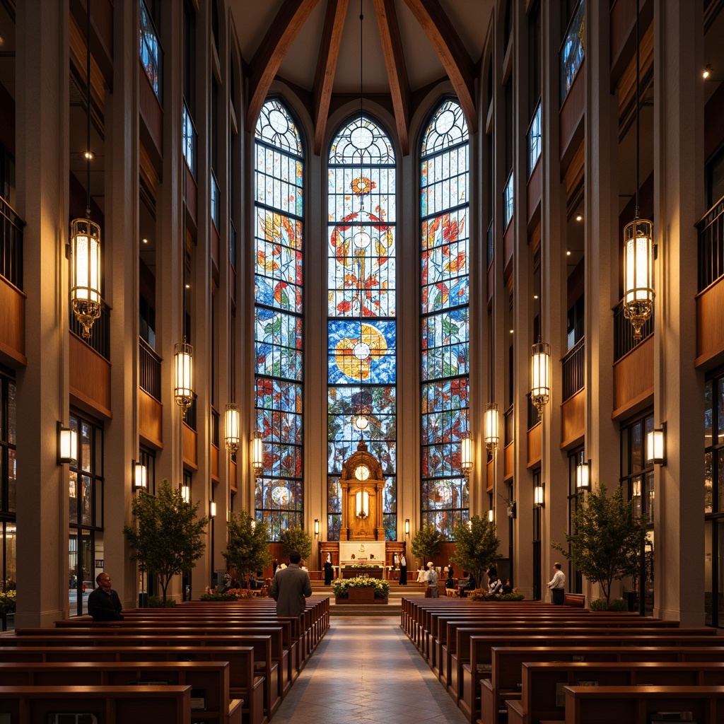 Prompt: Contemporary church interior, grand high ceilings, stained glass windows, warm soft lighting, subtle color temperatures, elegant chandeliers, sleek floor lamps, minimalist pendant lights, natural daylight, ambient illumination, dramatic spotlights, 3-point lighting setup, symmetrical composition, realistic textures, atmospheric rendering, vibrant colors, ornate details, intricate patterns, sacred symbols, peaceful ambiance, serene atmosphere, warm inviting glow.