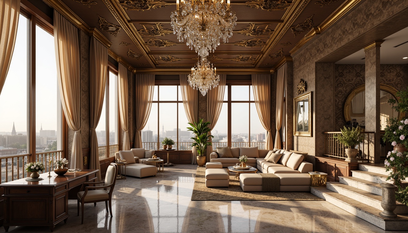 Prompt: Luxurious penthouse, ornate golden accents, intricate plasterwork, crystal chandeliers, lavish furnishings, velvet drapes, marble floors, curved staircases, grandiose windows, panoramic city views, soft warm lighting, shallow depth of field, 1/1 composition, realistic textures, ambient occlusion, opulent fabrics, delicate lace patterns, antique furniture pieces, gilded mirrors, frescoed ceilings, elegant caryatids, ornamental moldings, lavish flower arrangements, serene atmosphere.