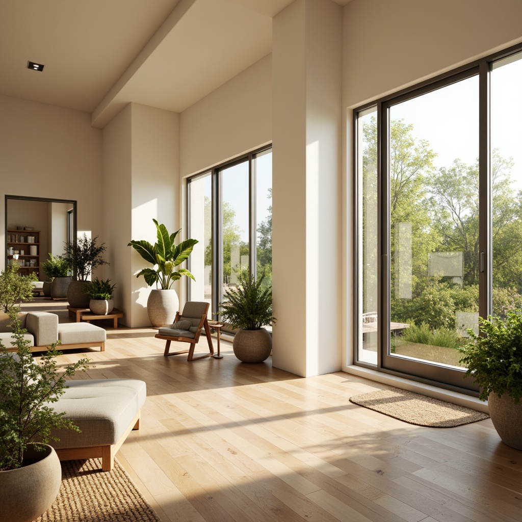 Prompt: Bright airy interior, large windows, sliding glass doors, soft warm natural light, diffused illumination, creamy white walls, polished wooden floors, greenery views, potted plants, minimalist decor, simple lines, clutter-free spaces, ambient shadows, subtle color palette, earthy tones, organic textures, cozy reading nooks, inviting atmosphere, gentle highlights, 1/1 composition, soft focus, natural materials, eco-friendly design.